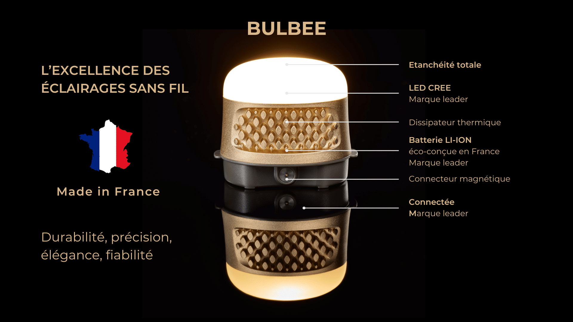 Détails techniques ampoule sans fil BULBEE 500 lumens avec batterie rechargeable 9h autonomie
